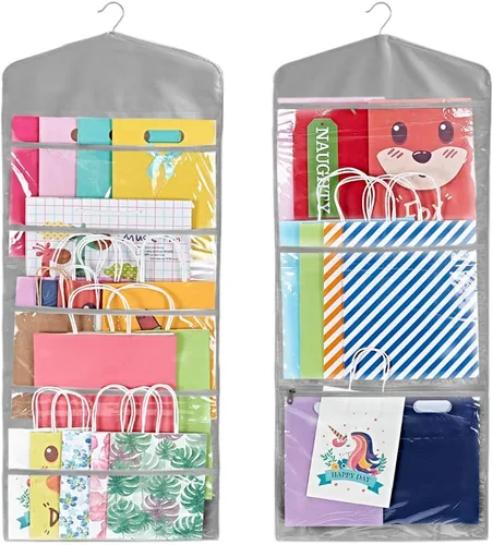 Vista 8 de ProPik Organizador de almacenamiento colgante de doble cara para bolsas de regalo con múltiples bolsillos delanteros y traseros, organiza tu papel