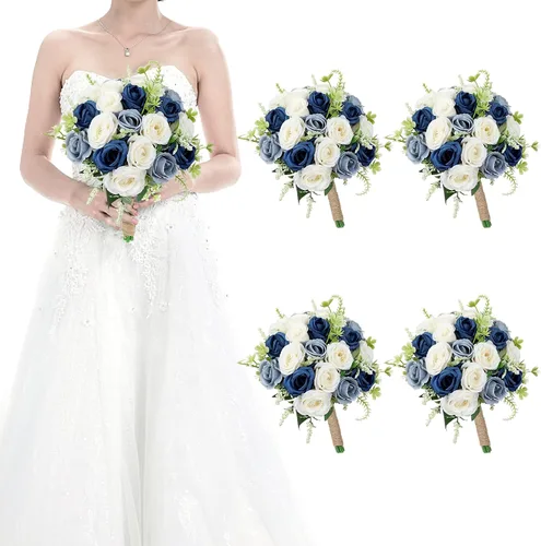 Vista 15 de Ramos para dama de honor para boda - Ramo de flores artificiales de 7 pulgadas para fiesta, ceremonia, aniversario, centros de mesa para mesa de Azul