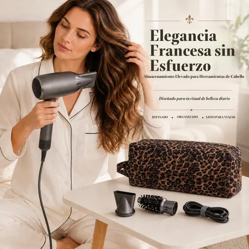 Vista 2 de Bolsa de viaje con asa acolchada con estampado de leopardo compatible con Dyson Airwrap, estuche de viaje para organizador Shark Flexstyle