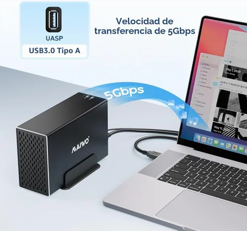 Vista 2 de MAIWO Caja RAID de disco duro de doble bahía con ventilador de refrigeración para 2.5/3.5 pulgadas SATA SSD/HDD, caja de disco duro USB 3.0 de 5