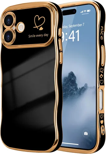 Vista 60 de LCHULLE - Funda para iPhone Air, linda para mujeres y niñas, con forma de onda, color azul bebé Luxury Plating Curly Wavy Frame with Love Heart