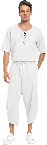 Vista 2 de Babioboa Conjunto de 2 piezas de lino para hombre, camisa hippie de manga corta y pantalones capri harén holgados para playa, pantalones de yoga