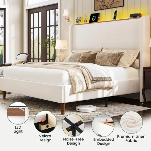 Vista 8 de Base de cama tamaño Queen con luces LED y estación de carga, base de cama de plataforma tapizada de lino con cabecera de 51.2 pulgadas de alto tipo