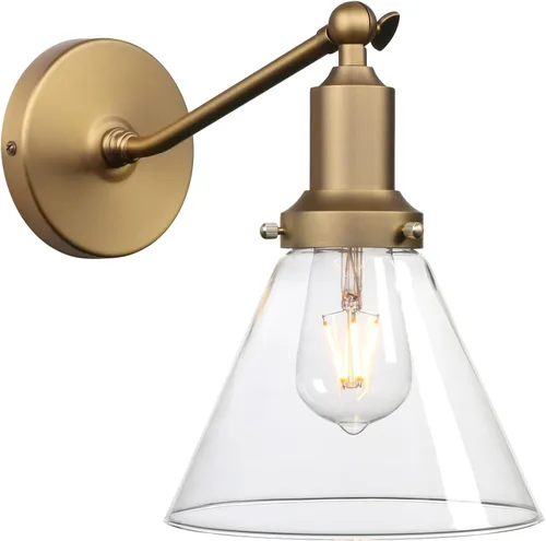 Vista 15 de PERMO Industrial Vintage Slope Pole Wall Mount Single Sconce with 6.7" Oval Dome Clear Glass Shade Antique Gold Wall Sconce Light Fixture