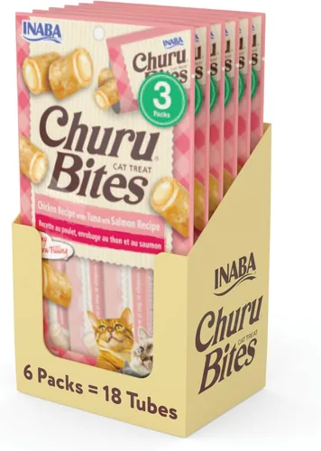 Vista 12 de INABA Churu Bites para Gatos, Golosinas para Gatos Rellenas de Churu Envueltas en Pollo Horneado Suave/Masticable con Vitamina E, 0.35 Onzas por