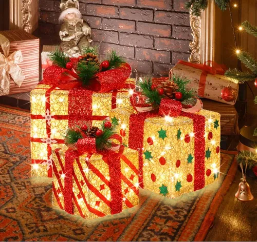 Vista 2 de LAMPHOME Cajas iluminadas de Navidad, juego de 3 70 luces LED para decoración al aire libre, cajas de Navidad iluminadas, decoración de regalo