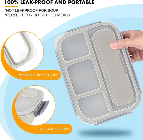 Vista 4 de Yumuk Caja Bento para Adultos, Contenedores de Almuerzo para Adultos Hombres Mujeres, 5 Tazas Bento con 4 Compartimentos y Spork y Caja de Salsa, A