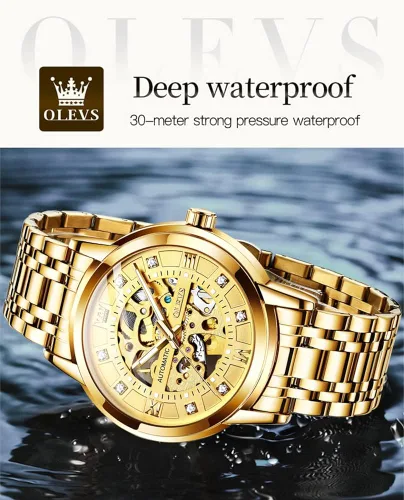 Vista 6 de OLEVS Reloj mecánico automático de esqueleto dorado para hombre con cuerda automática vestido de lujo brillante acero inoxidable resistente al agua