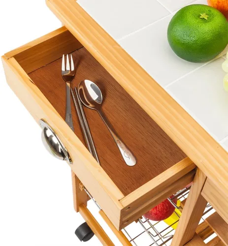 Vista 4 de Carrito de cocina de madera rodante de 3 niveles, carrito utilitario de almacenamiento sobre ruedas con cajones Shleves y estante para vino