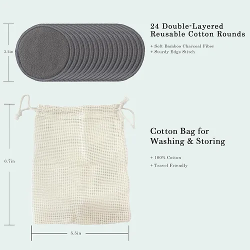 Vista 2 de Paquete de 24 almohadillas reutilizables de algodón – Almohadillas removedoras de maquillaje de carbón de bambú lavables, almohadillas faciales