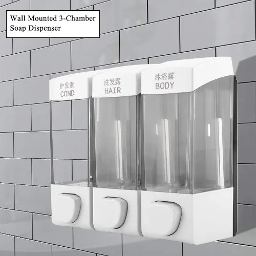 Vista 4 de Oumefar Dispensador de 3 cámaras y ducha montado en la pared, loción líquida, dispensador de champú manual, dispensador de ducha, 3 cámaras, sin