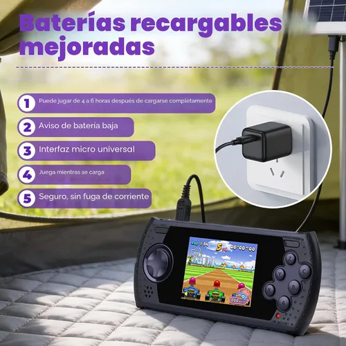 Vista 3 de Consola de Juegos Portátil de 16 Bits para Niños con 230 Videojuegos Clásicos Retro HD Incorporados, Recargable por USB, Pantalla de 3.0 Pulgadas