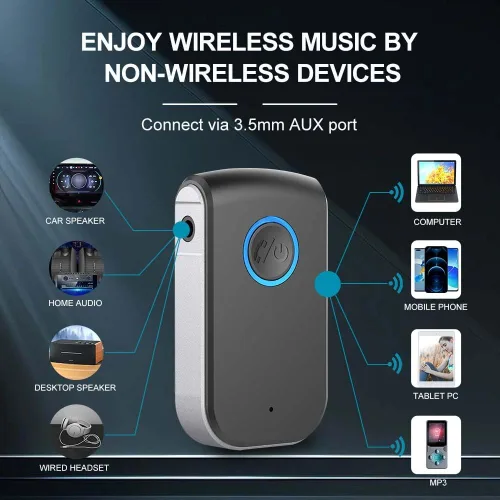 Vista 2 de Adaptador AUX Bluetooth para automóvil, receptor inalámbrico de 0.138 in, adaptador Bluetooth AUX para automóvil, llamadas manos libres