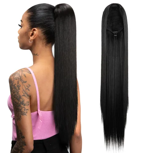 Vista 11 de Extensiones de cabello rizado con cordón para mujeres negras, 16 pulgadas de largo, sintético, afro, esponjoso, en capas, extensión de cola