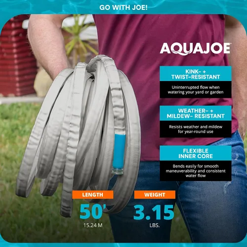 Vista 3 de Aqua Joe AJFJH50-PRX XTREME FIBERJACKET Manguera de jardín resistente a torceduras, accesorios de metal, 600 PSI máx, diámetro de 1/2 pulgada, 50