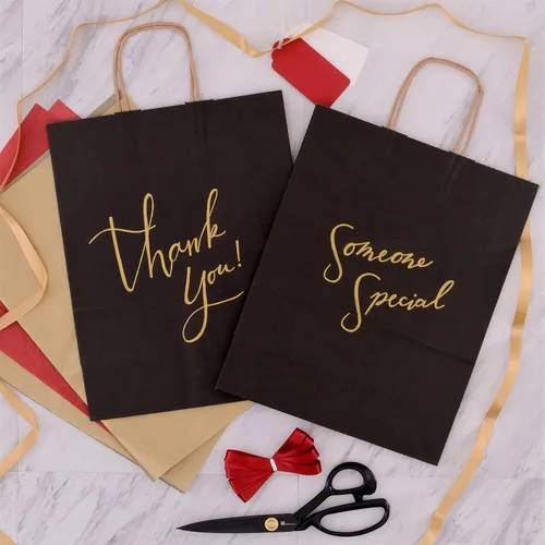 Vista 6 de Prime Line Packaging Bolsas de papel negro, bolsas de regalo de papel kraft medianas con asas, pequeñas empresas, compras, boutiques, venta al por