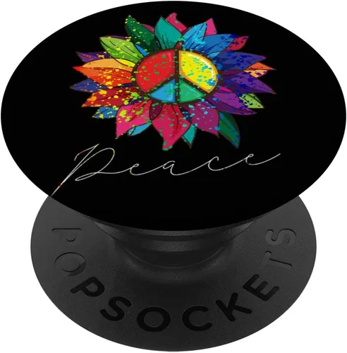 Vista 6 de Cartel de paz con diseño de girasol, flor, arcoíris, hippie, años 70, PopSockets MagSafe PopGrip para iPhone