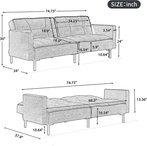 Vista 2 de Sofá cama plegable de tela moderna tapizado de lino con 2 almohadas y marco de metal para espacios pequeños compactos, dormitorio, sala de estar