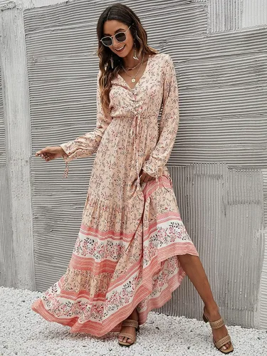 Vista 4 de Floerns Vestido largo de manga larga con cuello en V y estampado floral para mujer
