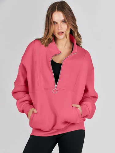 Vista 6 de ANRABESS Sudaderas de forro polar con media cremallera para mujer, de gran tamaño, con cremallera de un cuarto, ropa de otoño 2024, ropa de moda