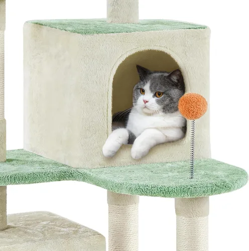 Vista 9 de Yaheetech Torre de árbol para gatos de 57.5 pulgadas, centro de actividades multifuncional con plataforma en forma de pata de gato, postes