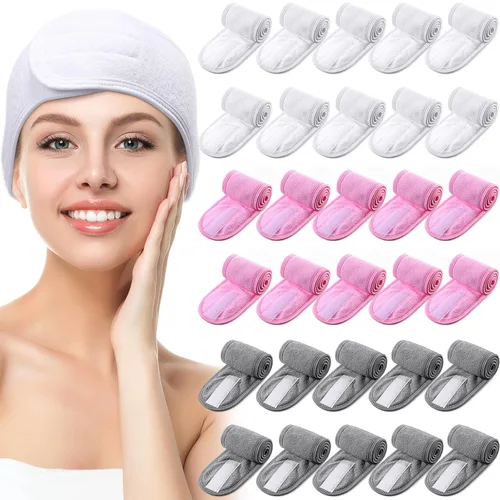 Vista 10 de Hoteam Paquete de 30 diademas de spa, esteticista facial para mujeres, ajustable, maquillaje, deportes, ducha, toalla elástica con cinta (negro)