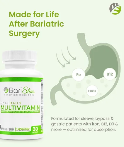 Vista 3 de BariSlim Cápsula multivitamínica bariátrica Once Daily - 45 mg de hierro - Vitamina bariátrica y suplemento para cirugía post bariátrica incluyendo