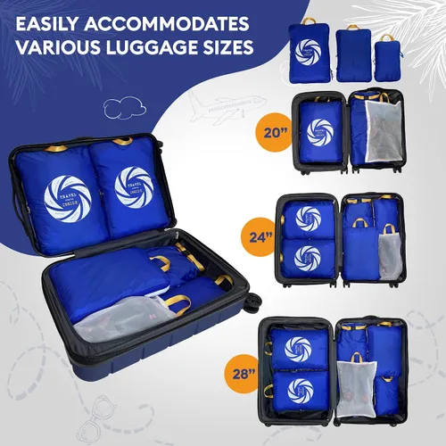 Vista 3 de TRAVEL INSIDE, Juego de 6 bolsas de cubo con malla transparente, organizadores de viaje ligeros para maleta, azul con zapatos y bolsa de lavandería