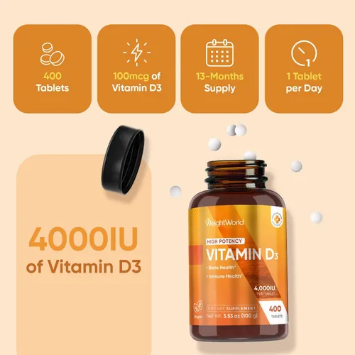 Vista 5 de WeightWorld Vitamina D3 4000 UI (100 mcg) para fortaleza ósea, salud muscular y apoyo inmunológico Suministro de 400 días Vitamina D3 vegana
