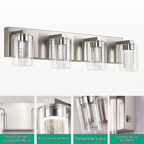 Vista 3 de Lámpara de tocador de 4 luces de níquel cepillado, cristal de burbujas con luces regulables de 3 colores, moderna lámpara de pared para baño