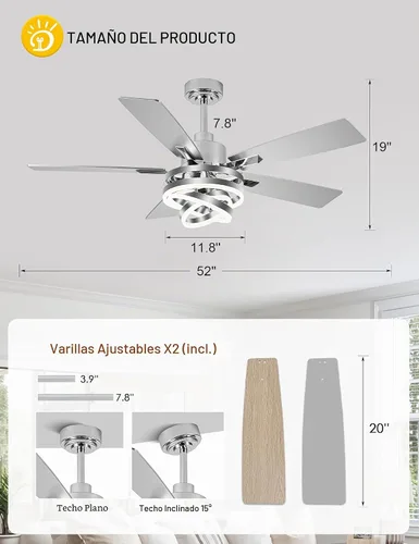 Vista 2 de Modernos ventiladores de techo de 52 pulgadas con luces, color plateado Remote/APP, 3 Adjustable Rings, 2550ML, 3000-6000K, Reversible DC Motor