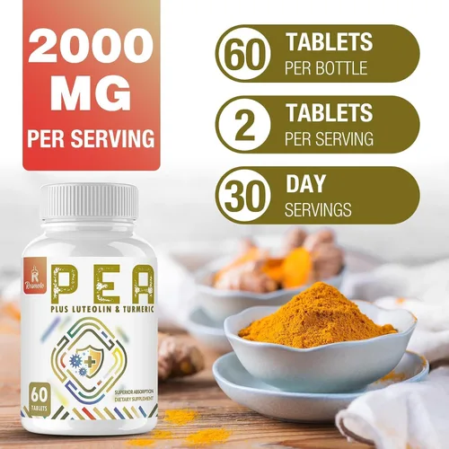 Vista 5 de Palmitoiletanolamida de 1500 mg con luteolina 98% y cúrcuma, alta absorción, suplemento de guisantes micronizados para el manejo de molestias