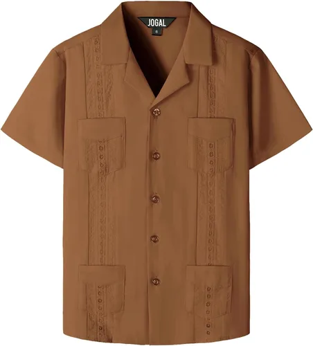 Vista 20 de JOGAL Camisas guayabera cubanas para niños de manga corta con botones, camisa casual de playa Verde militar