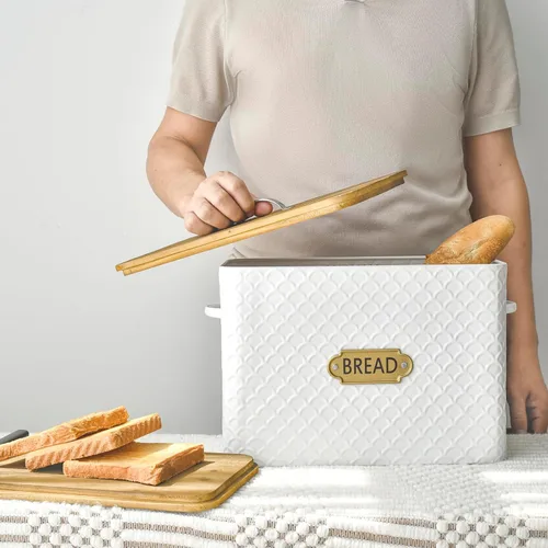 Vista 3 de EMAX HOME Caja de pan extra grande con ahorro de espacio estilo granja con tapa de madera - Capacidad para 2 panes - Porta pan vertical