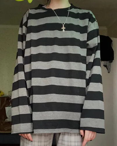Vista 7 de Harajuku - Camiseta de manga larga con cuello redondo y rayas de gran tamaño para mujer