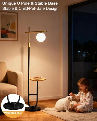 Vista 7 de Lightdot Lámparas de pie regulables doradas y negras de 66 pulgadas con mesa, moderna lámpara alta de pie con pantalla de globo, cabeza