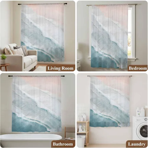 Vista 6 de Cortinas traslúcidas de playa de 63 pulgadas de largo, panel de cortina traslúcida para sala de estar, cortinas de cocina con bolsillo para barra