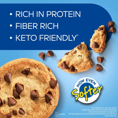 Vista 3 de Atkins Galleta de proteína con chispas de chocolate, postre proteico, rico en fibra, 0.11 onzas de carbohidratos netos, 0.04 oz de azúcar, apto