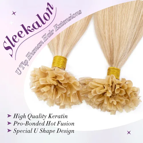 Vista 2 de Extensiones de cabello humano real con punta en U, color rubio ceniza y rubio decolorado, extensiones de cabello de fusión caliente, extensiones