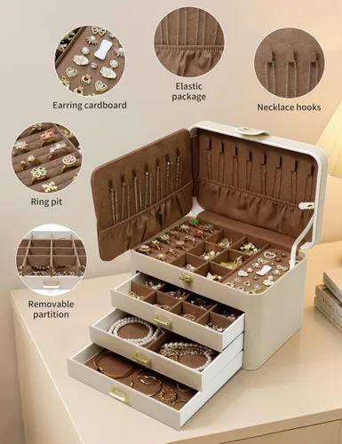 Vista 3 de KAMIER Caja organizadora de joyas, organizador de joyas de 4 capas con espejo, 3 cajones, caja de joyería grande para pulseras, aretes, anillos