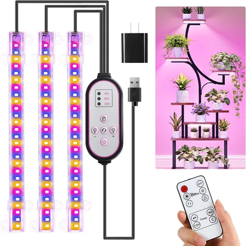 Vista 14 de RWNTAO Lámpara de cultivo de dos tiras para plantas de interior, tiras de luz LED de espectro completo rojo, azul y amarillo, con temporizador