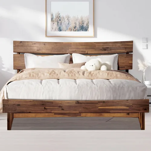 Vista 10 de Acacia Aurora - Marco de cama con cabecero, cama de plataforma de madera 100% maciza, estilo de cama escandinavo con todos los colchones Caramelo