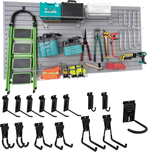 Vista 9 de Panel Slatwall para Garaje - Sistemas de Almacenamiento de Pared Ranurada con 26 Accesorios Slatwall, Paneles de Pared Ranurada de PVC Negro