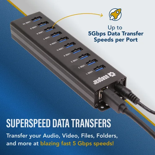 Vista 5 de USBGear Concentrador USB de 10 puertos 3.2 Gen 1 – Concentrador de datos supervelocidad montable con puertos USB para laptop, PC, escritorio y más