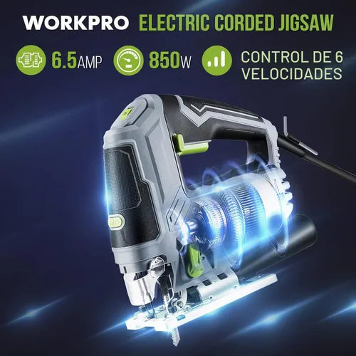 Vista 3 de WORKPRO Sierra de Calar, 6.5AMP 850W Kit de herramientas de sierra de calar eléctrica con cable con 6 velocidades variables, 7 cuchillas, corte