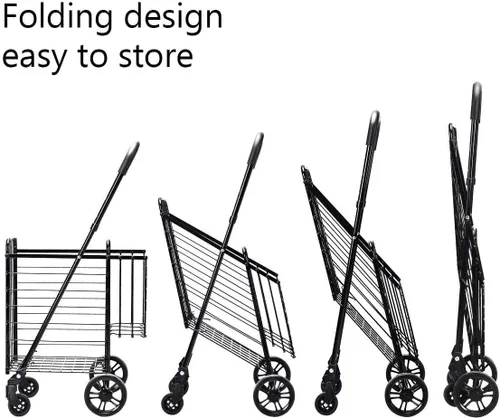 Vista 3 de ReunionG Carrito de compras plegable, carrito de supermercado de doble cesta con barra de mango ancho ajustable y ruedas giratorias, adecuado