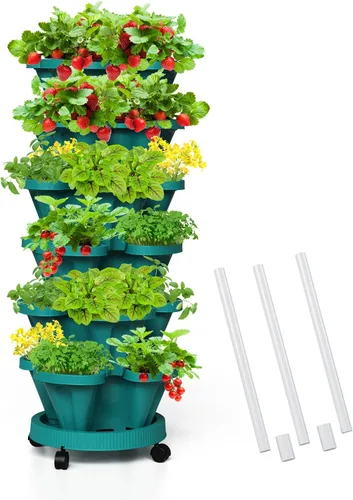 Vista 16 de Macetas verticales de fresa, paquete de 2 unidades, torre apilable de 5 niveles con poste de soporte, macetas apilables para hierbas y verduras
