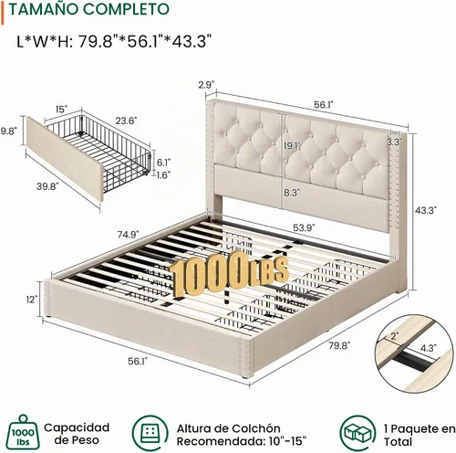 Vista 2 de LARMACE Base de cama tamaño matrimonial con 4 cajones de almacenamiento y cabecera copetada, base de cama tapizada en lino con listones de madera