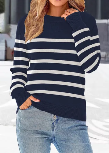 Vista 2 de Suéter a rayas para mujer, de manga larga, cuello redondo, punto acanalado, para otoño e invierno 2023