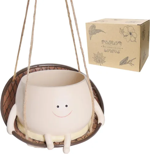 Vista 3 de Macetero Colgante con Silla Cintillo y Cara Sonriente para Plantas de Interior y Exterior, Macetas de Resina Lindas con Cabeza para Cadena